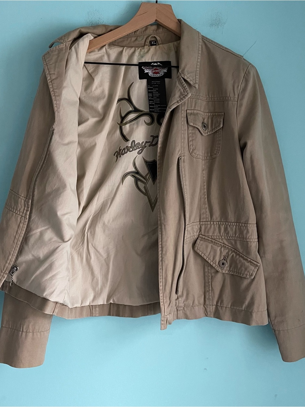 Harley-Davidson Tan Canvas Motorcycle Riding Jacket XL Spring Utility Graphic